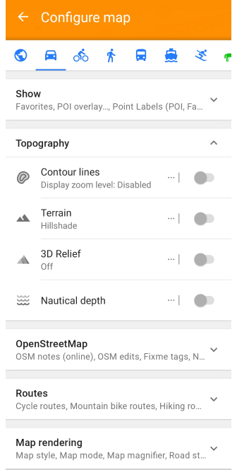 Profile Configure map menu Android