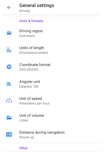 Profiles General Settings Units &amp; formats Android