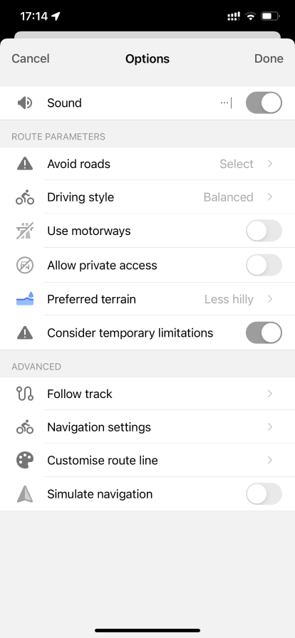 Navigation options with highlighted Preferred terrain option